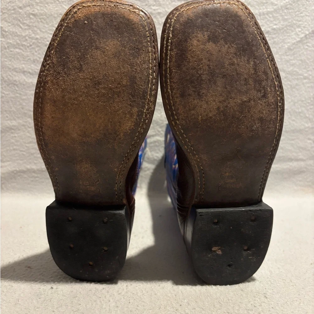 Old West Brown Blue Leather Square Toe Cowboy Boots Youth SZ 020 Style BSC1840